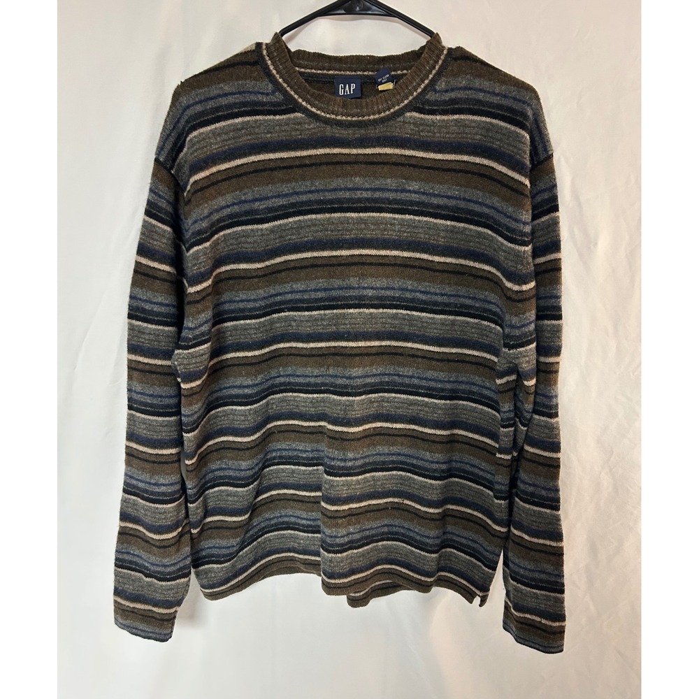 Vintage Gap Mens Medium 100% Lambswool Striped Crewneck Sweater Brown Blue Olive